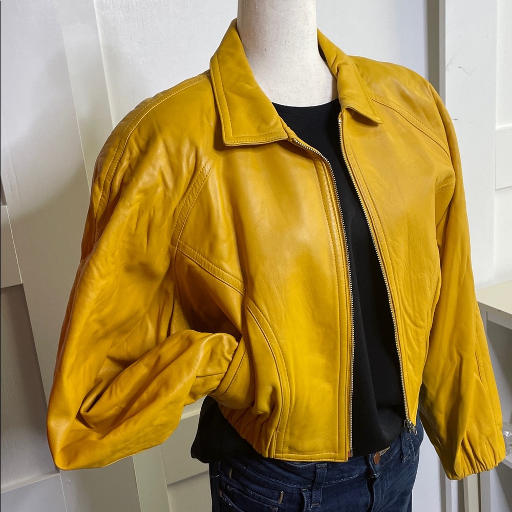 Michael Hoban Yellow Leather Vintage Puffer Jacket - Sz M - Picture 2 of 12